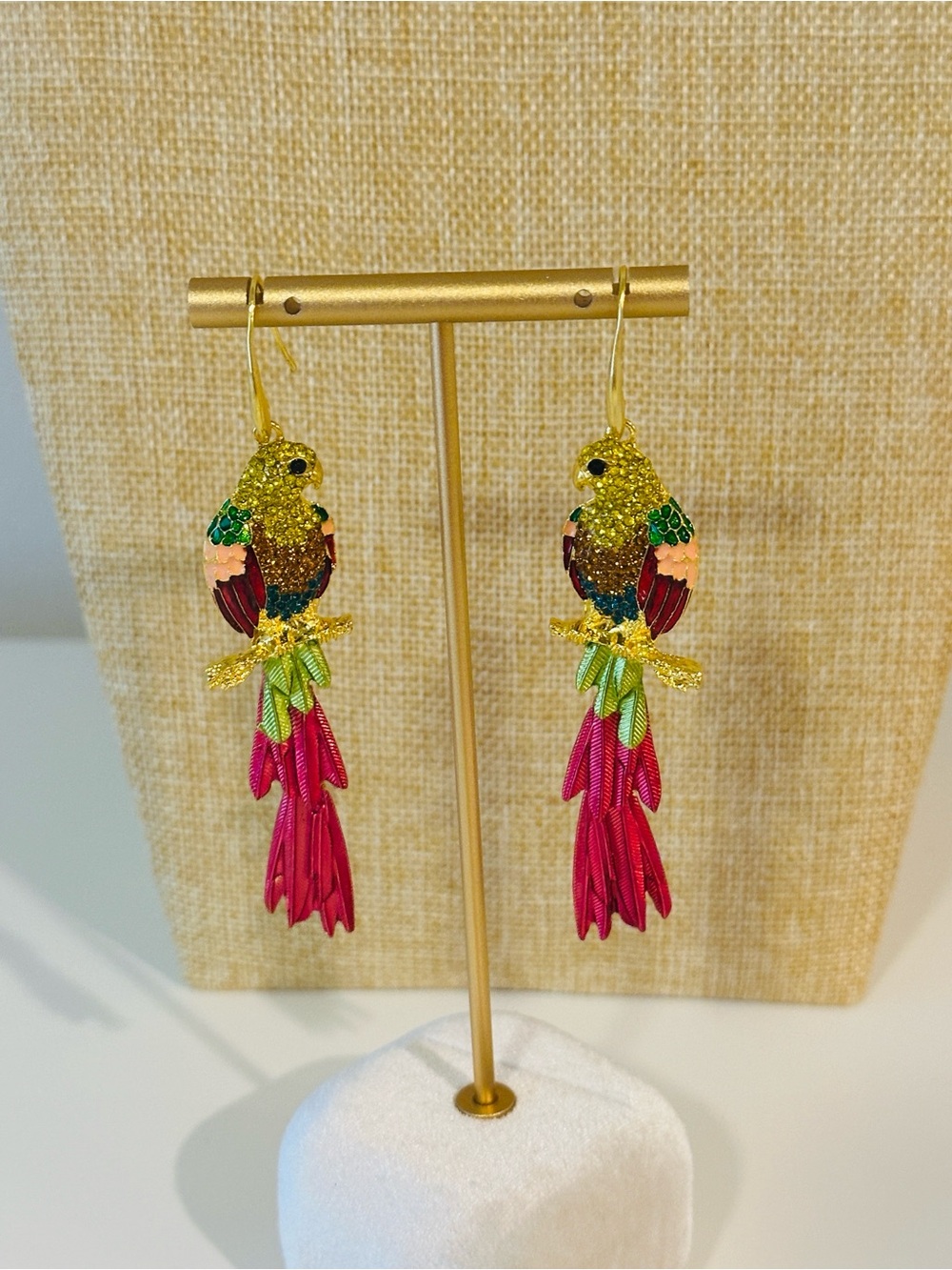 Fashion Jewelry Gold Parrot Drop Earrings with Red and Green Accents
